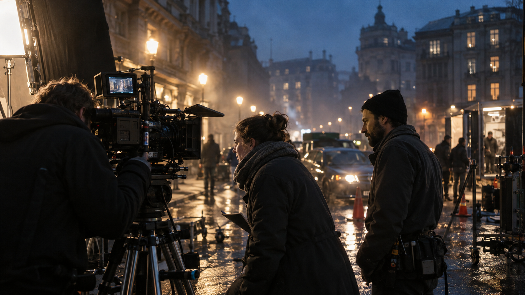 Gece çekiminde çalışan film ekibi